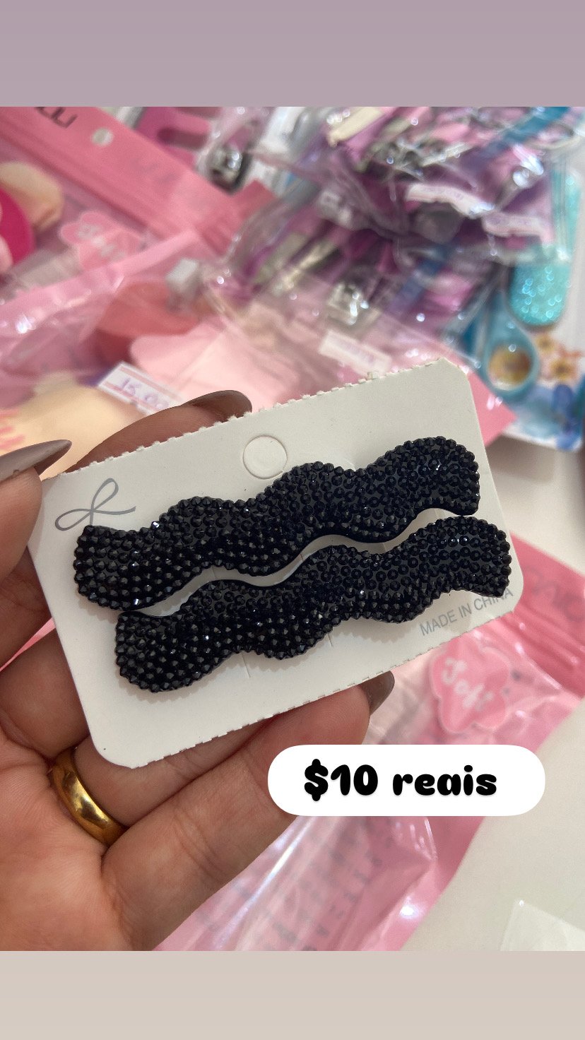 Prendedor de Cabelo com Strass Preto 2 Unidades
